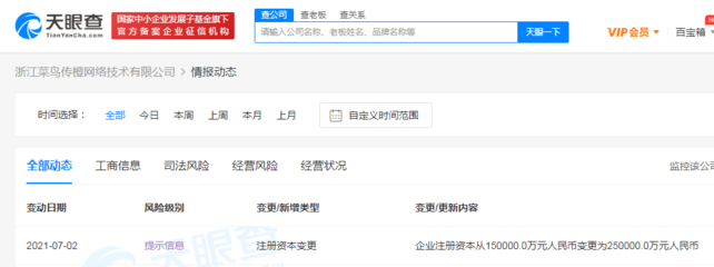 浙江菜鳥傳橙網絡技術注冊資本增至25億元，加速布局計算機軟硬件及外圍設備制造